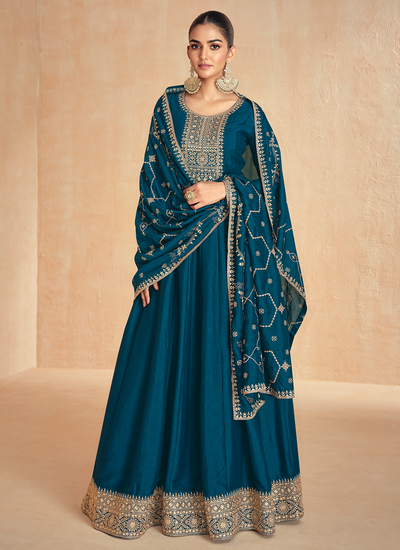 Wedding Sequins Embroidered Premium Silk Anarkali Gown With Dupatta In Peacock Blue