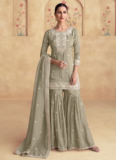 Sage Green Readymade Silk Sequins Embroidered Festival Sharara Suit