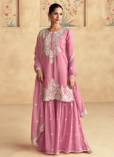 Readymade Pink Sequins Embroidered Silk Festival Sharara Suit