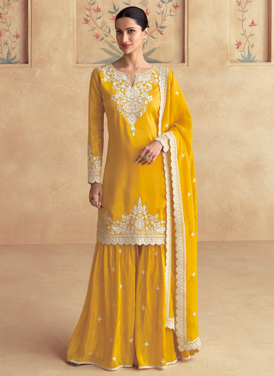 Yellow Silk Readymade Sequins Embroidered Festival Sharara Suit