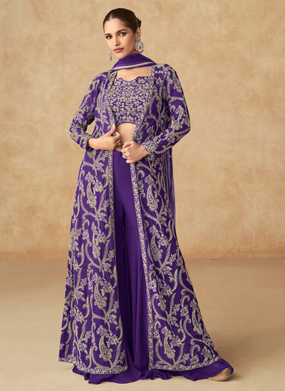 Violet Real Georgette Sequins Embroidered Indo Western Palazzo Suit