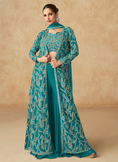 Fancy Turquoise Cording Embroidered Real Georgette Indo Western Palazzo Suit