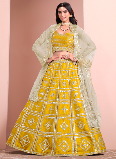 Designer Yellow Sequins Art Silk Lehanga Choli For Haldi Ceremony