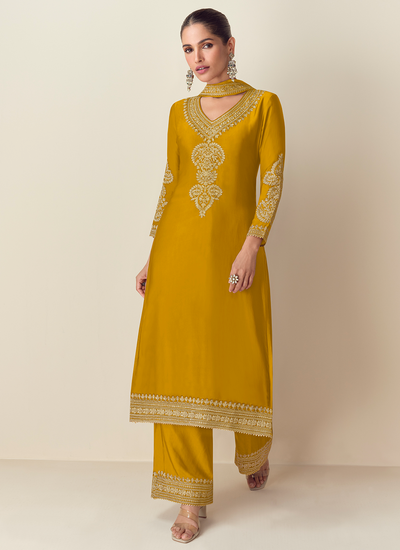 Golden Readymade Party Wear Chinon Silk Zari Embroidered Straight Suit