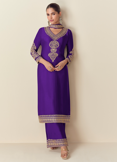 Party Wear Readymade Violet Chinon Silk Zari Embroidered Straight Suit