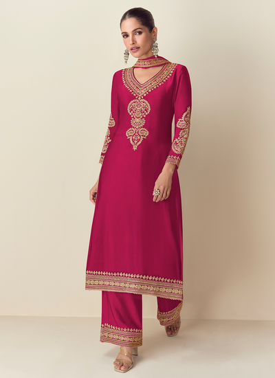 Chinon Silk Dark Pink Party Wear Readymade Zari Embroidered Straight Suit