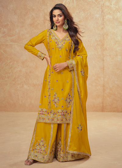 Yellow Chinon Silk Haldi Wear Readymade Multi Embroidered Palazzo Suit