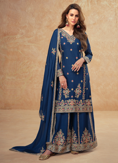 Readymade Festive Wear Blue Chinon Silk Multi Embroidered Palazzo Suit