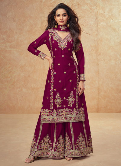 Burgundy Multi Embroidered Readymade Chinon Silk Wedding Wear Palazzo Suit