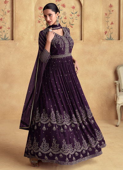 Readymade Grape Purple Festival Sequins Embroidered Real Georgette Anarkali Gown With Dupatta