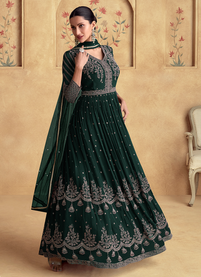 Designer Green Sequins Embroidered Real Georgette Festival Anarkali Gown With Dupatta