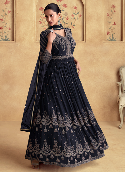 Real Georgette Sequins Embroidered Dark Blue Festival Anarkali Gown With Dupatta