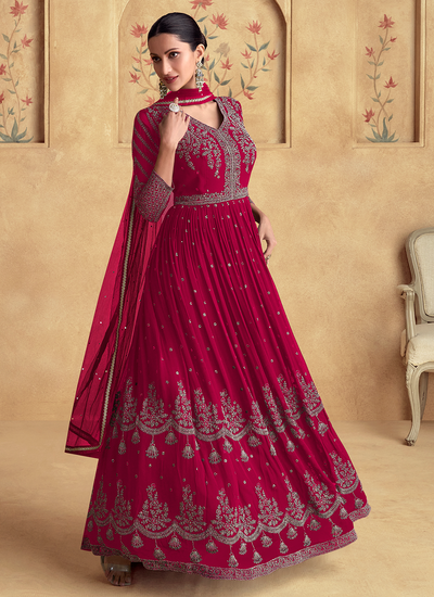 Sequins Embroidered Dark Pink Real Georgette Festival Anarkali Gown With Dupatta