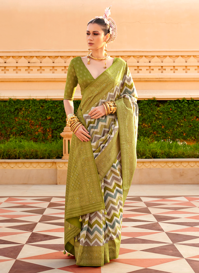 Olive PV Silk Foil Printed Zigzag Pattern Bridesmaid Saree