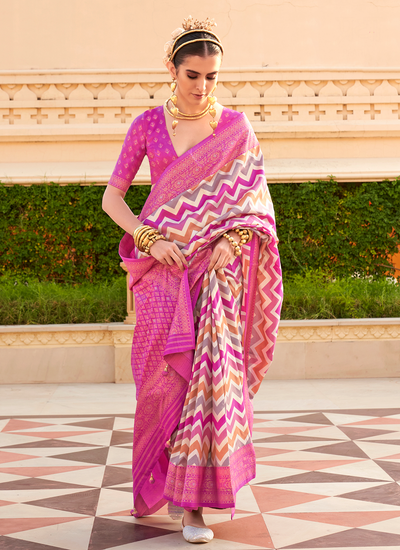 PV Silk Foil Printed Rani Zigzag Pattern Bridesmaid Saree