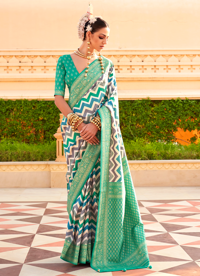 PV Silk Foil Printed Zigzag Pattern Bridesmaid Saree In Sea Green