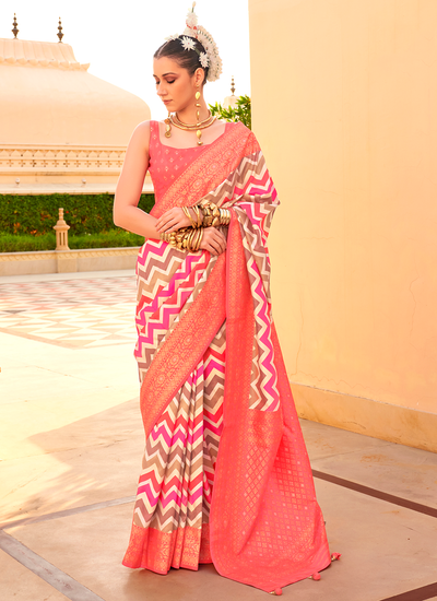 Foil Printed PV Silk Coral Pink Zigzag Pattern Bridesmaid Saree