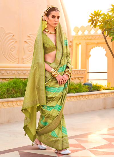 Foil Printed PV Silk Olive Striped Pattern Bridesmaid Saree