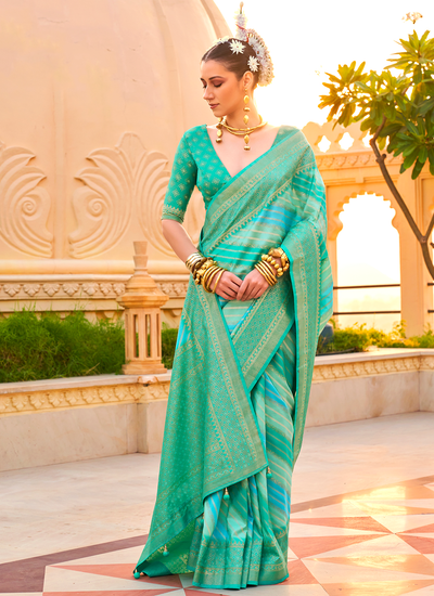 Turquoise Foil Printed PV Silk Striped Pattern Bridesmaid Saree