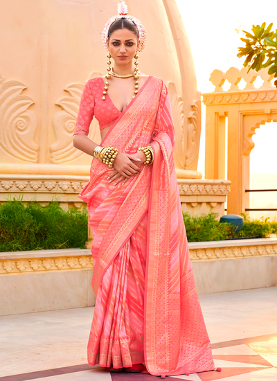 Foil Printed PV Silk Striped Pattern Bridesmaid Saree In Coral Pink