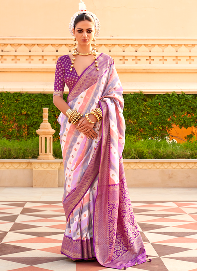 Designer Purple Foil Printed PV Silk Striped Pattern Bridesmaid Saree