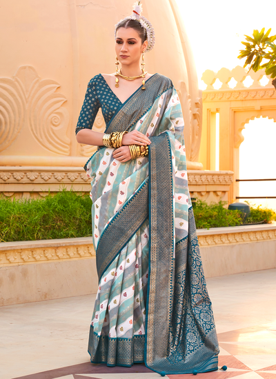 PV Silk Striped Pattern Foil Printed Teal Bridesmaid Saree