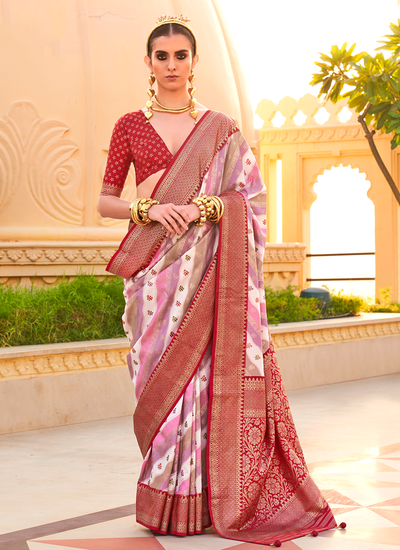 PV Silk Striped Pattern Red Foil Printed Bridesmaid Saree