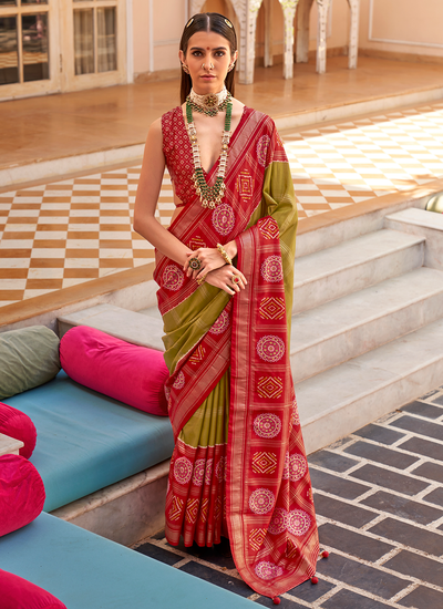 Designer Olive And Red Traditional PV Silk Foil Printed Patola Saree