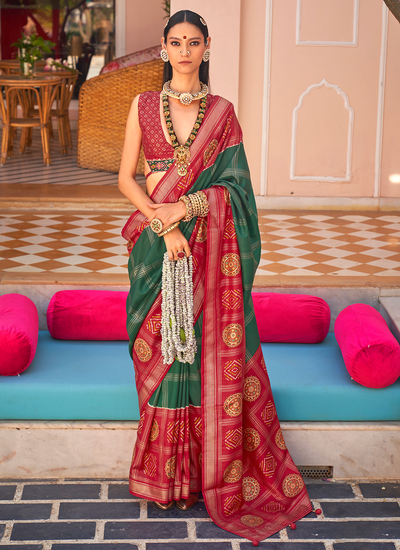 Foil Printed Green And Maroon Traditional PV Silk Patola Saree