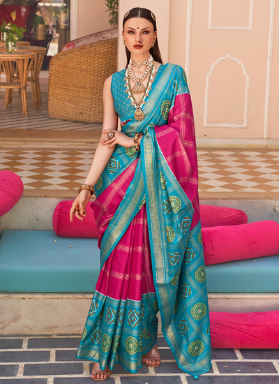 Rani And Turquoise Blue Foil Printed Traditional PV Silk Patola Saree