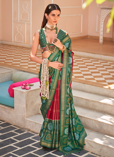 Designer Maroon And Green Foil Printed Traditional PV Silk Patola Saree