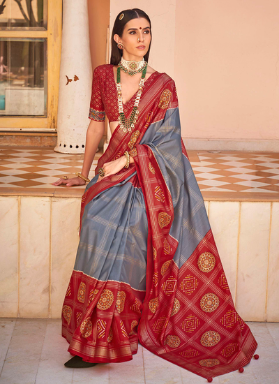 Traditional Grey And Red Foil Printed PV Silk Patola Saree