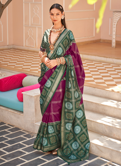 Purple And Green Traditional Foil Printed PV Silk Patola Saree