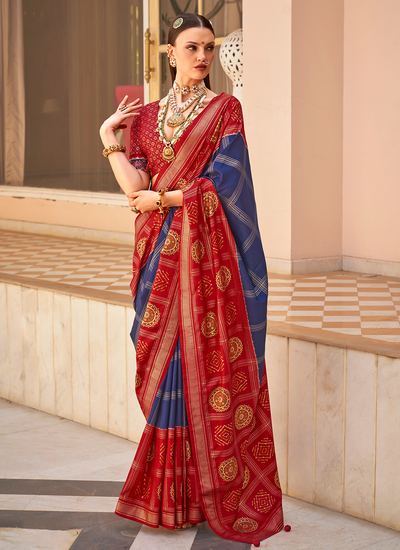 Fancy Traditional Foil Printed PV Silk Patola Saree In Blue And Red