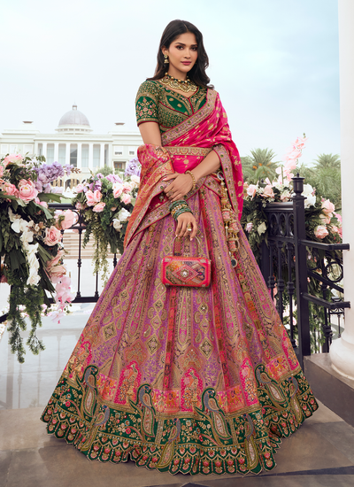 Bridal Sequins Cording Embroidered Silk Dark Green And Purple Lehenga Choli