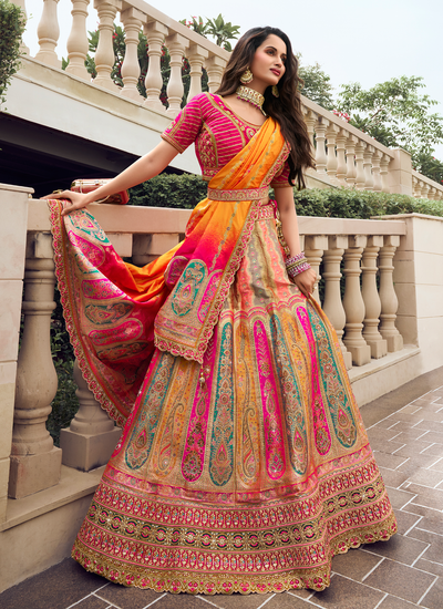 Silk Woven Sequins Embroidered Multicolor Bridal Lehenga With Hot Pink Embroidered Choli