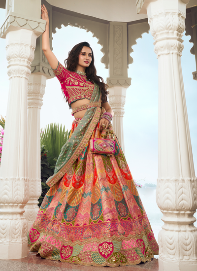 Zari Woven Stone Work Embroidered Multicolor Silk Bridal Lehenga With Hot Pink Sequins Embroidered Choli