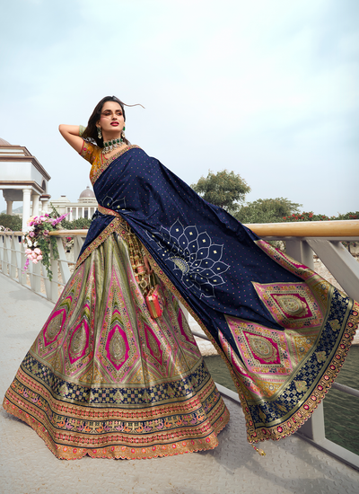 Multicolor Silk Bridal Zari Woven Stone Work Embroidered Lehenga With Mustard Sequins Embroidered Choli