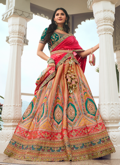 Silk Bridal Zari Woven Stone Work Embroidered Multicolor Lehenga With Teal Sequins Embroidered Choli