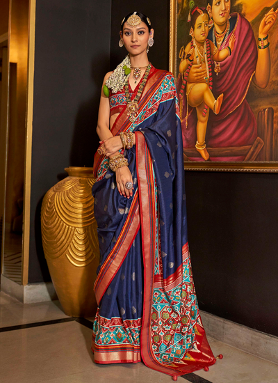 Traditional Navy Blue Festival Silk Printed Patola Saree