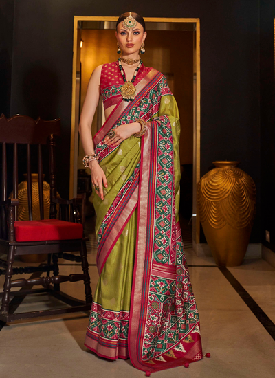 Designer Traditional Festival Silk Olive Green Printed Patola Saree