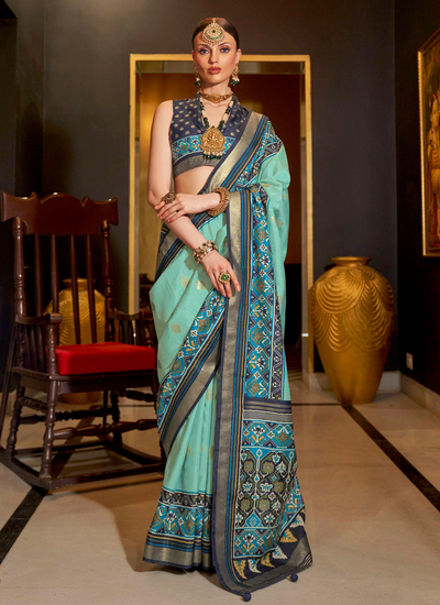 Pale Turquoise Festival Traditional Silk Printed Patola Saree