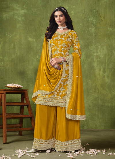 Cording Festive Wear Yellow Chinon Palazzo Suit