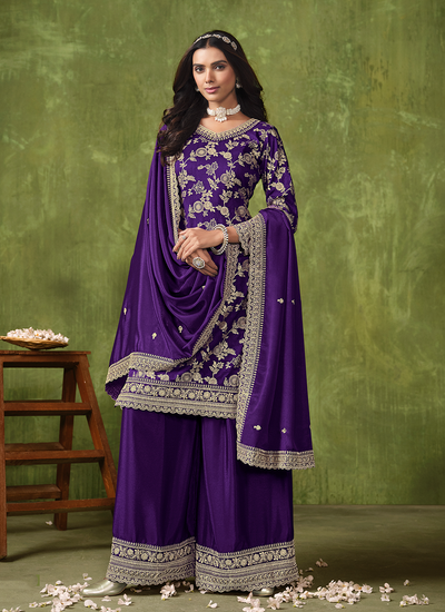 Purple Cording Sangeet Wear Dola Silk Jacquard Palazzo Suit