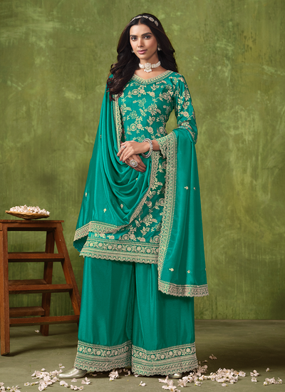 Cording Engagement Wear Dola Silk Jacquard Palazzo Suit In Sea Green