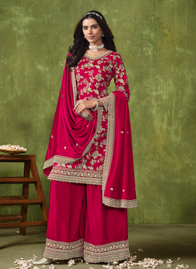 Red Engagement Wear Cording Dola Silk Jacquard Palazzo Suit