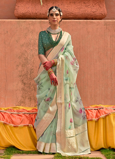 Pastel Green Organza Silk With Jacquard Viscose Pallu And Border Digital Print Saree