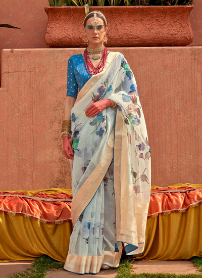 Cream Organza Silk With Jacquard Viscose Pallu And Border Digital Print Saree