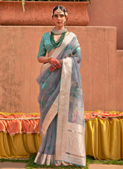 Organza Silk With Jacquard Viscose Pallu And Border Digital Print Saree In Grey