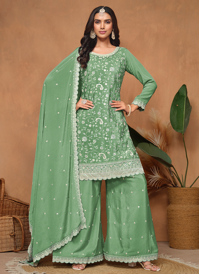 Mint Green Chinon Sequins Embroidered Pakistani Festive Palazzo Suit